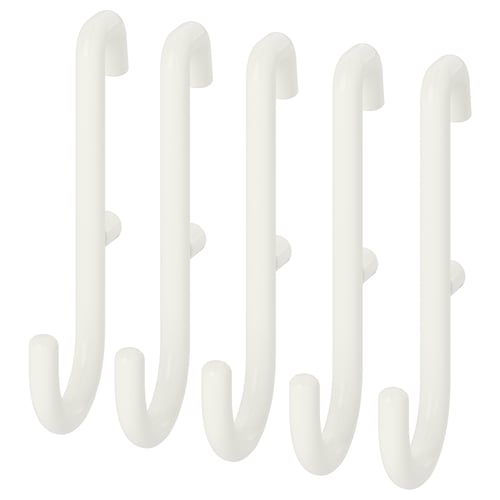 Four white metal hooks arranged in a row against a white background, each with two prongs at the bottom and a curved top.