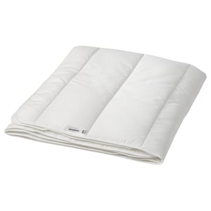A white SKOGSFRÄKEN duvet with a quilted design, rectangular shape, and made from recycled polyester and lyocell.