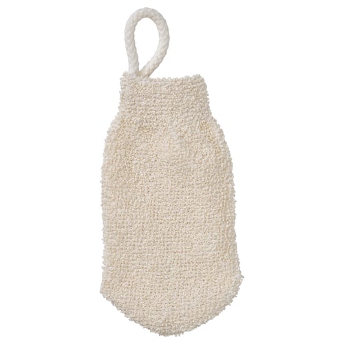 Natural-colored cotton scrub mit with hanging loop, rectangular shape, textured design.