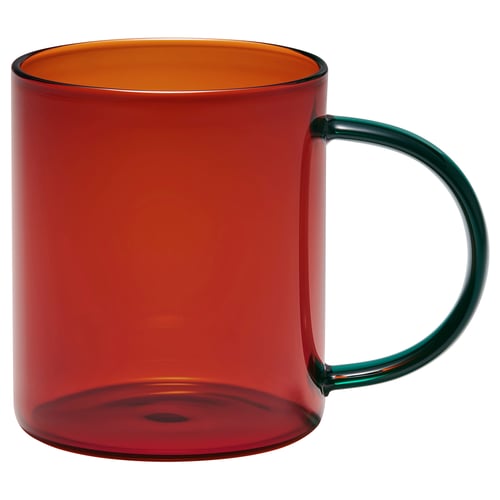 SKUGGSTUBB mug, red and green glass, curved handle, transparent.