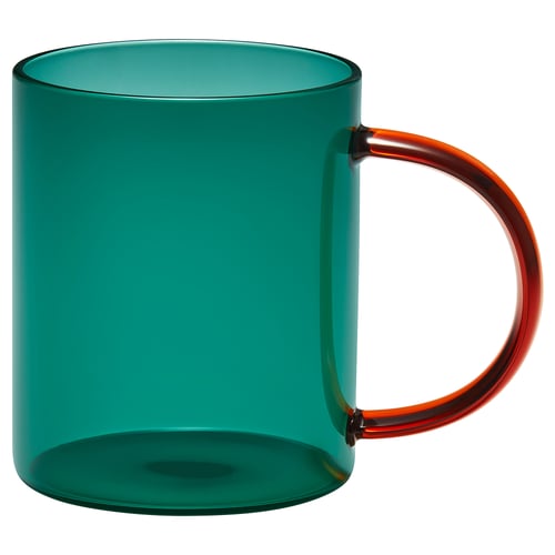 Colourful glass mug, teal body, orange handle, cylindrical shape, comfortable grip.