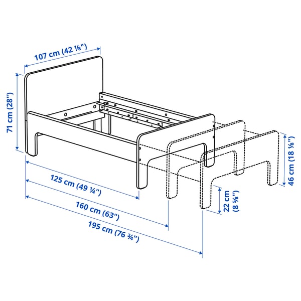 SLÄKT / NATTAPA Ext bed frm w guard rl+slat bd base, white, 97x190 cm