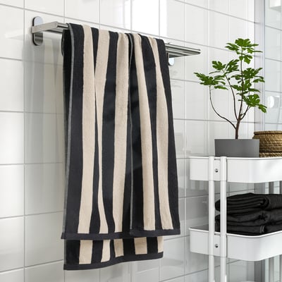 SLÅNHÖSTMAL Bath towel, black/light beige striped, 70x140 cm