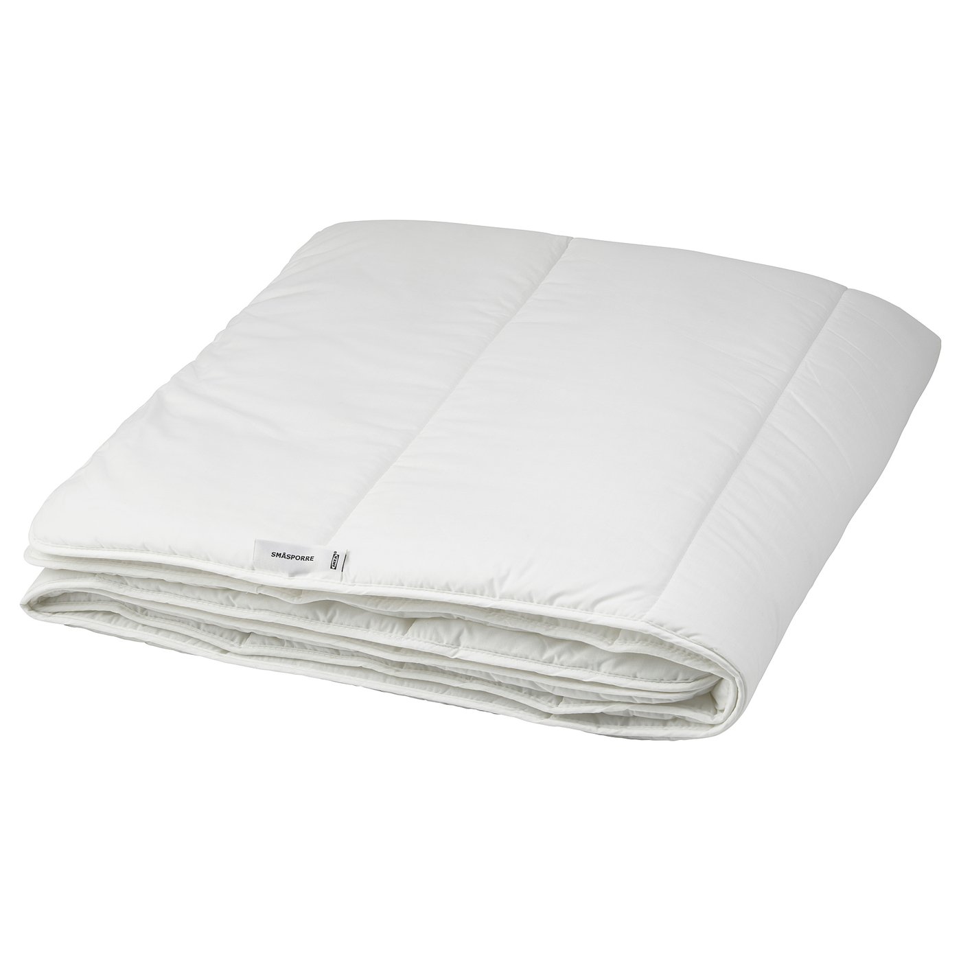A folded white duvet named SMÅSPORRE, made from cotton and polyester, with a soft, fluffy texture.