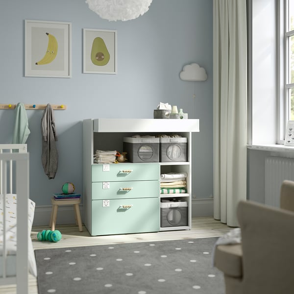 SMÅSTAD Changing table, white light green/with 3 drawers, 90x80x100 cm