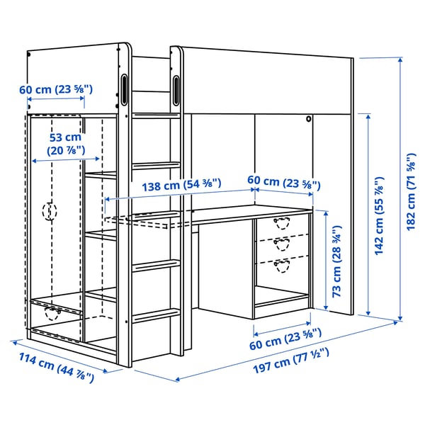 SMÅSTAD Loft bed frame w desk and storage, white, Twin