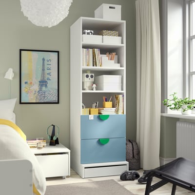 SMÅSTAD / UPPFÖRA Bookcase, white blue/with 2 drawers, 60x65x196 cm