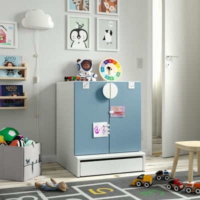 SMÅSTAD / UPPFÖRA Cabinet, white blue/with 1 shelf, 60x65x76 cm