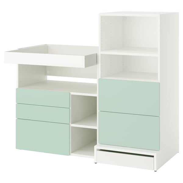 SMÅSTAD / UPPFÖRA Changing table, white light green/with bookcase, 150x80x136 cm