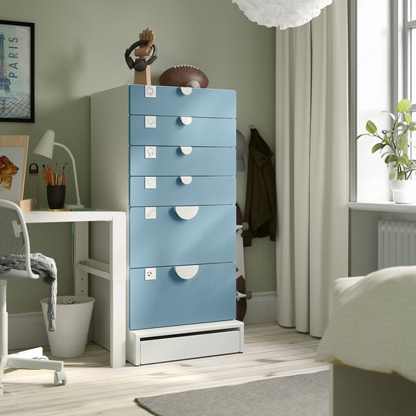 SMÅSTAD / UPPFÖRA Chest of 6 drawers, white/blue, 60x65x136 cm