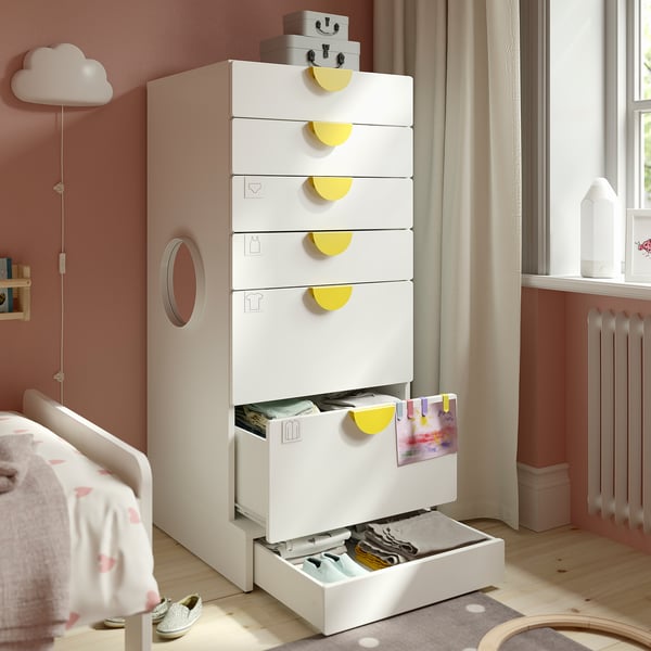 SMÅSTAD / UPPFÖRA Chest of 6 drawers, white/white, 60x65x136 cm