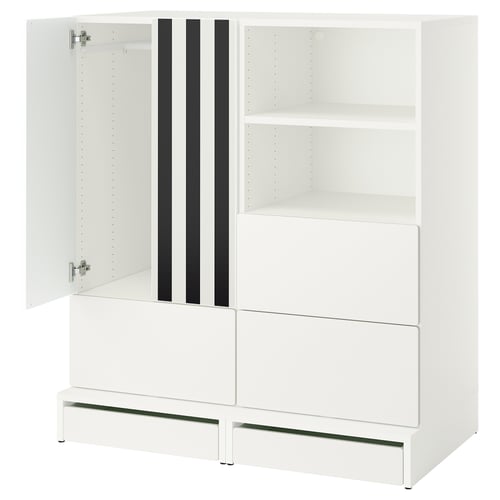 A white SMÅSTAD kids wardrobe with open shelves, drawers, and mirrored doors. Its designed for easy access, smart storage, and safety.