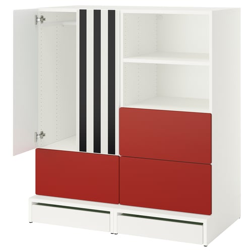 Red and white childrens wardrobe with shelves and drawers by IKEA. Modern design with adjustable.