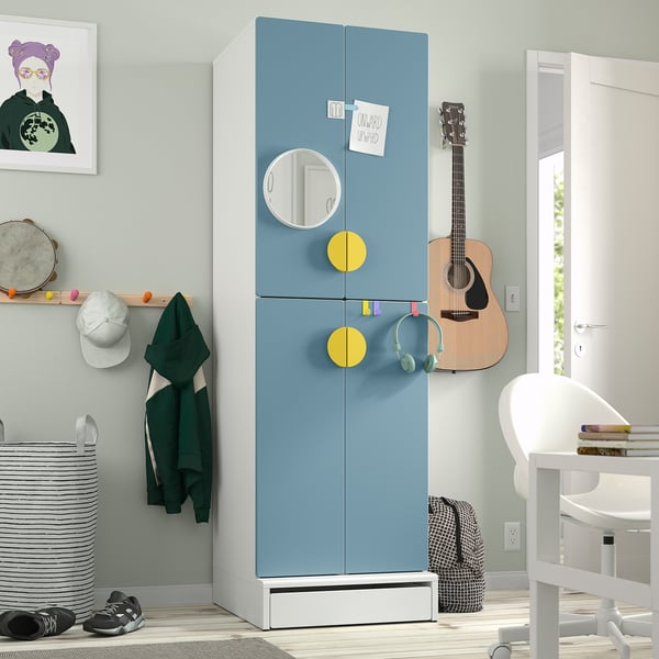 SMÅSTAD / UPPFÖRA Wardrobe, white blue/with 2 clothes rails, 60x65x196 cm