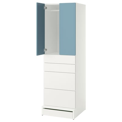 A white SMÅSTAD wardrobe with blue doors, featuring multiple drawers and a hanging section.