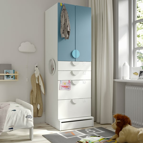 SMÅSTAD / UPPFÖRA Wardrobe, white blue/with 4 drawers, 60x65x196 cm