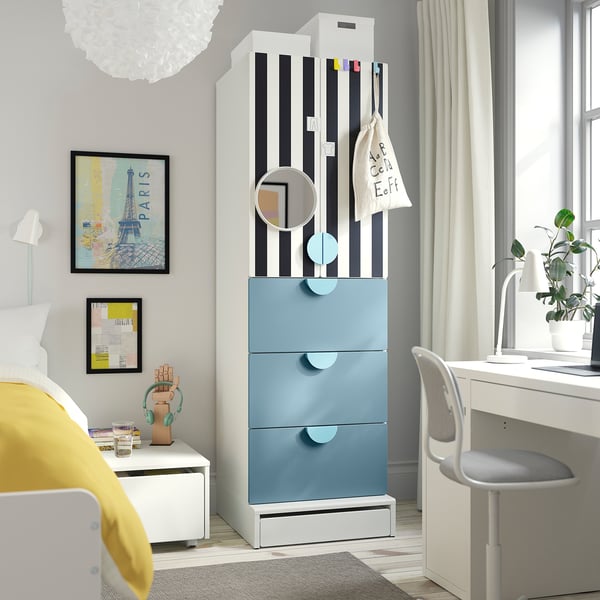 SMÅSTAD / UPPFÖRA Wardrobe, white stripe/blue with 3 drawers, 60x65x196 cm