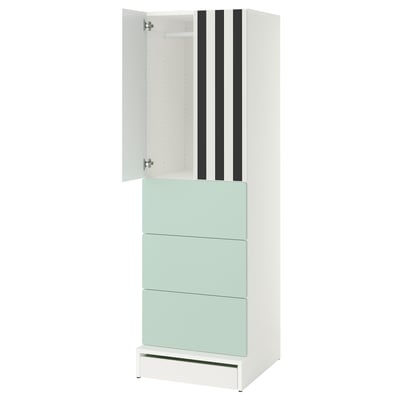 SMÅSTAD / UPPFÖRA Wardrobe, white stripe/light green with 3 drawers, 60x65x196 cm