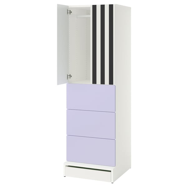 SMÅSTAD / UPPFÖRA Wardrobe, white stripe/lilac with 3 drawers, 60x65x196 cm