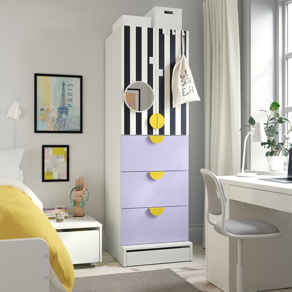 SMÅSTAD / UPPFÖRA Wardrobe, white stripe/lilac with 3 drawers, 60x65x196 cm