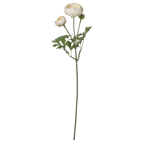 White artificial flower stem with two blooms and green leaves, made from recycled materials.