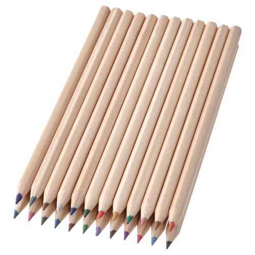 A set of 12 SOLFÅGEL coloured pencils arranged in a row, featuring assorted colours, with natural wood finish and round shape, ideal for detailed art.