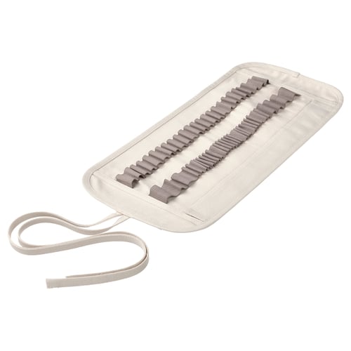 SOLFÅGEL pencil case, cream. Roll-up design with straps, holds varied art tools, made from recycled polyester.
