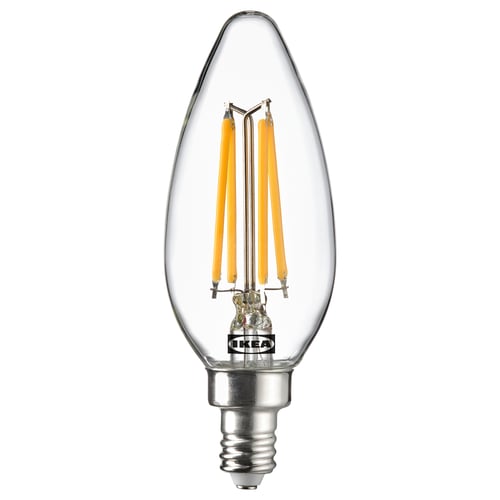 Ikea SOLHETTA led bulb, warm-white, glass, teardrop shape, clear cover.