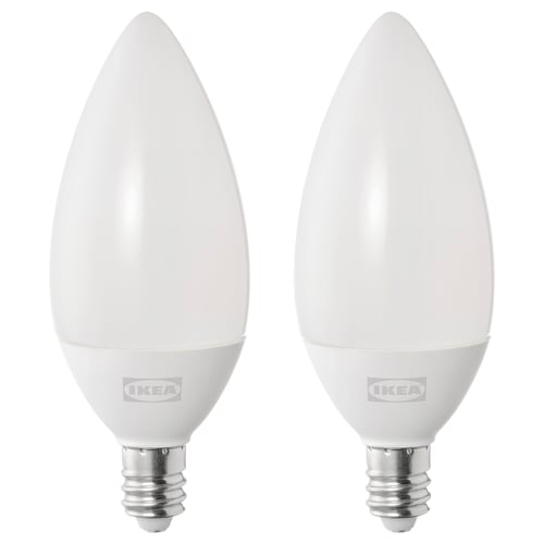 Ikea led light bulbs, pair, white, frosted, teardrop shape, energy-efficient.