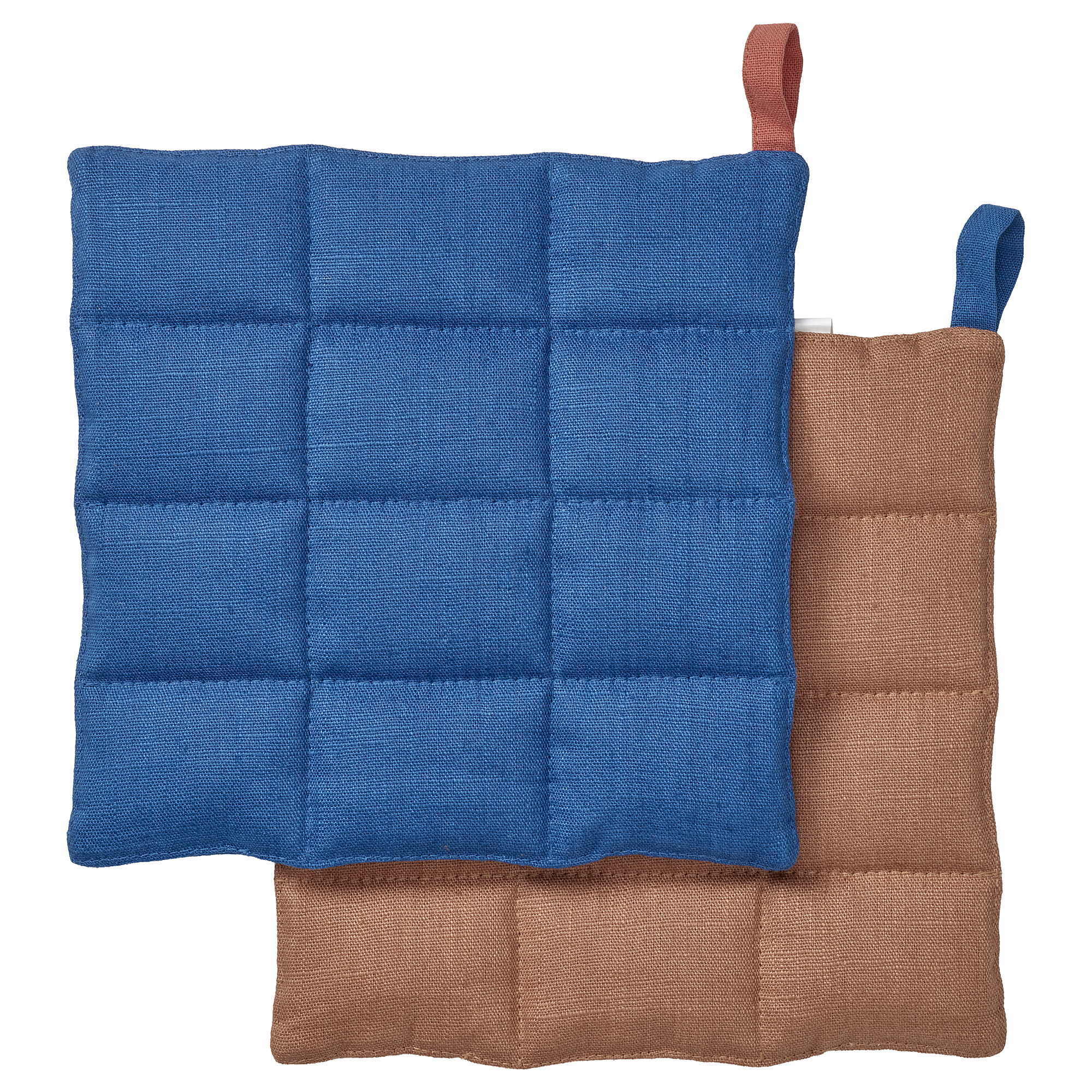 SOLUPPGÅNG pot holders, blue and brown, square with loops. Thick, heat-resistant, cotton and linen blend.