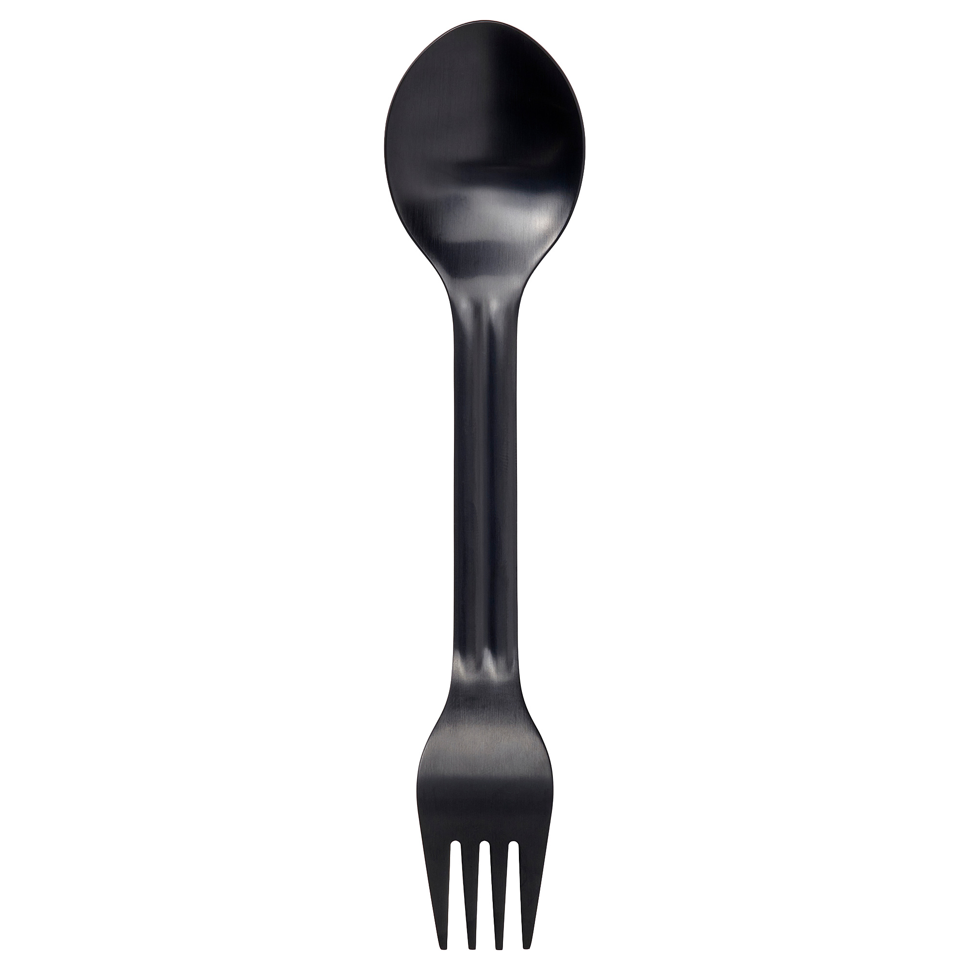 SOLUPPGÅNG spork, black, stainless steel combo utensil.