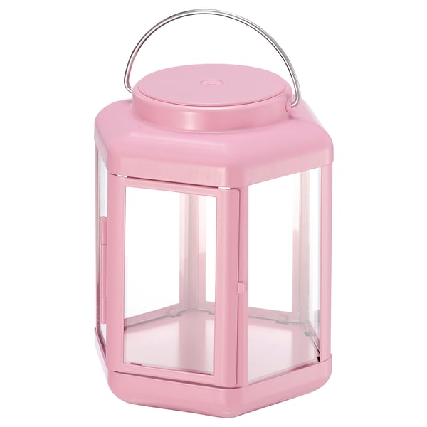 SOLVINDEN LED table lamp, lantern/battery-operated pink, 17 cm
