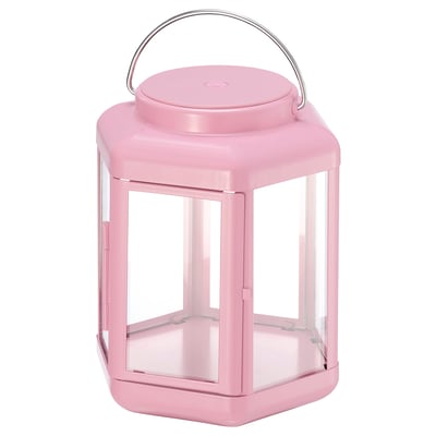 SOLVINDEN LED table lamp, lantern/battery-operated pink, 17 cm