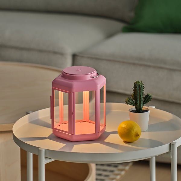 SOLVINDEN LED table lamp, lantern/battery-operated pink, 17 cm