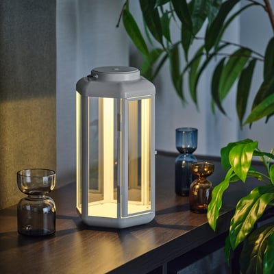 SOLVINDEN LED table lamp, lantern/battery-operated white, 28 cm
