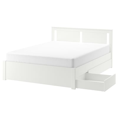 SONGESAND Bed frame with 4 storage boxes, white, Queen
