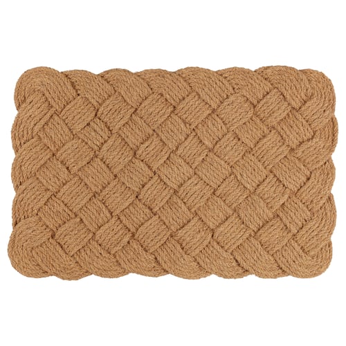STAVREBY tan woven doormat, thick coir, rectangular with braided pattern.