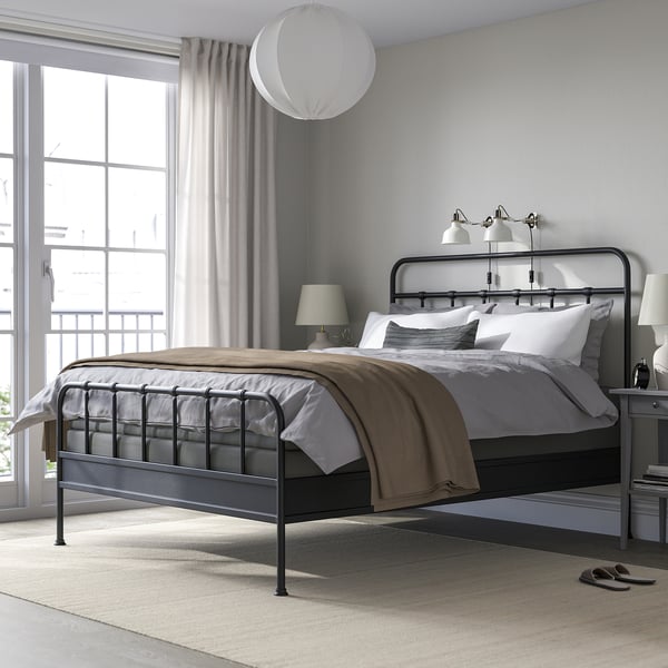 STJÄRNÖ Bed frame, anthracite/Lyngör dark grey, Queen