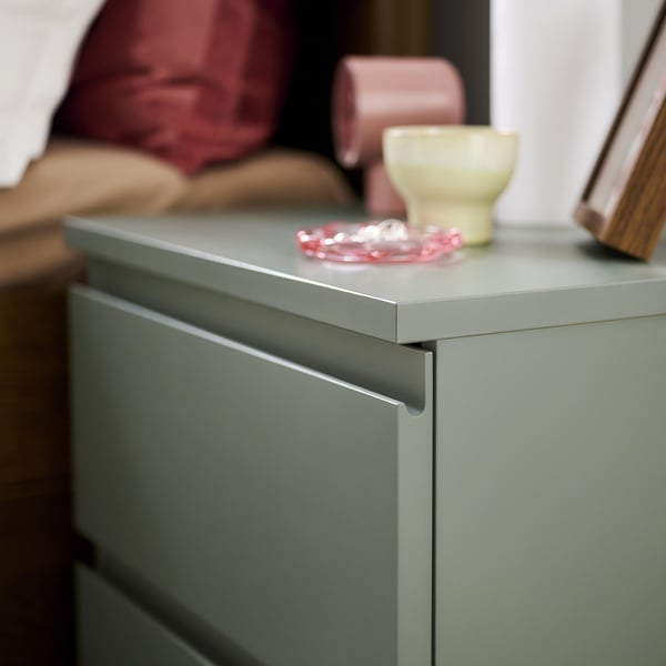 STORKLINTA Bedside table, grey/green/with 2 drawers, 50x48x53 cm