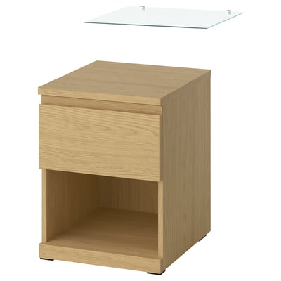 STORKLINTA Bedside table with glass top, oak effect/with 1 drawer with glass top, 40x48x53 cm