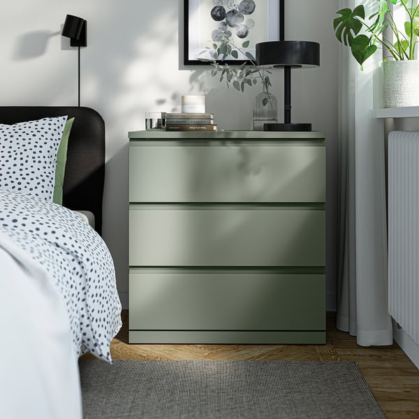 STORKLINTA Chest of 3 drawers, grey/green/anchor/unlock-function, 70x48x75 cm