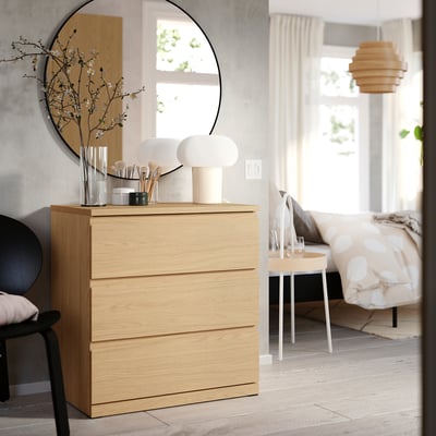 STORKLINTA Chest of 3 drawers, oak effect/anchor/unlock-function, 70x48x75 cm