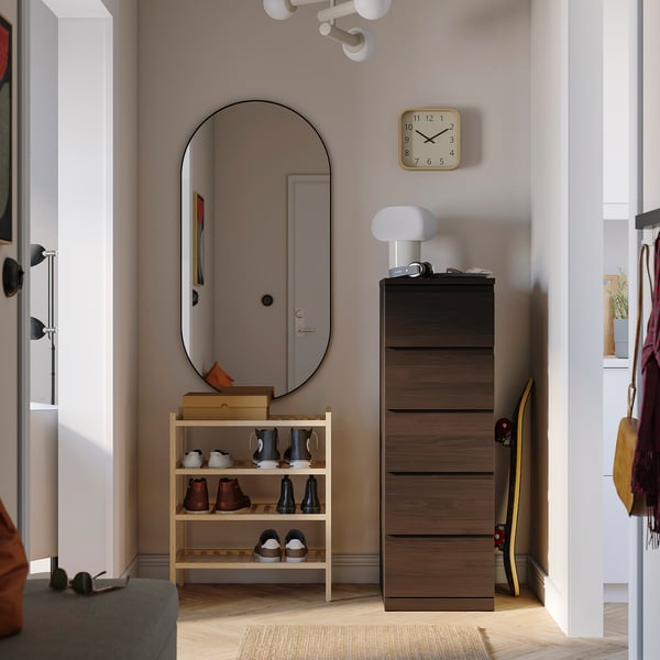 STORKLINTA Chest of 5 drawers, dark brown/oak effect anchor/unlock-function, 40x48x120 cm