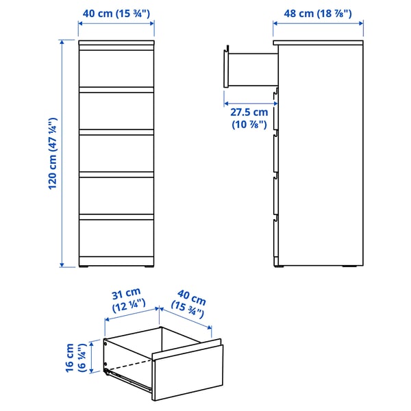 STORKLINTA Chest of 5 drawers, oak effect/anchor/unlock-function, 40x48x120 cm