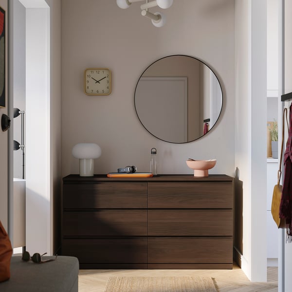 STORKLINTA Chest of 6 drawers, dark brown/oak effect anchor/unlock-function, 140x48x75 cm