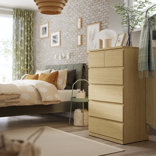 STORKLINTA Chest of 6 drawers, oak effect/anchor/unlock-function, 70x48x120 cm