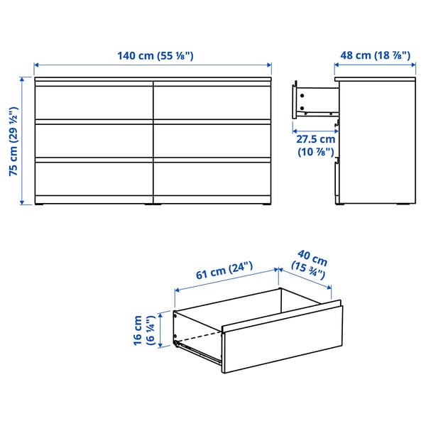 STORKLINTA Chest of 6 drawers, oak effect/anchor/unlock-function, 140x48x75 cm