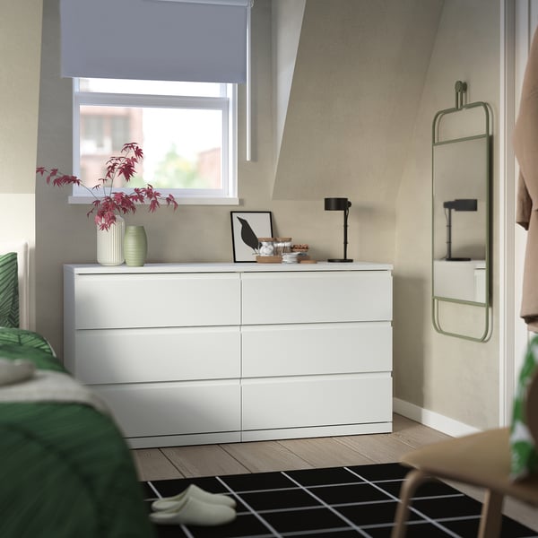 STORKLINTA Chest of 6 drawers, white/anchor/unlock-function, 140x48x75 cm