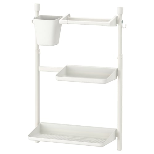 White SUNNERSTA storage shelf with 2-tier plastic shelves and hanging container, ideal for minimalist and compact spaces.