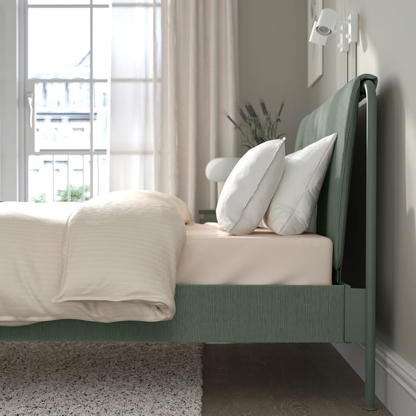 TÄLLÅSEN Upholstered bed frame with mattress, Kulsta grey-green/Vesteröy medium firm, Queen